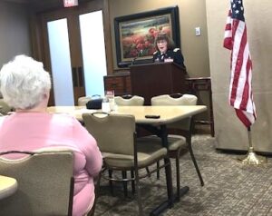 Dr. Kathy Platoni, Colonel U.S. Army (retired) gives talk at the MCL cafeteria on the combat stress she encountered with soldiers during multiple tours of duty