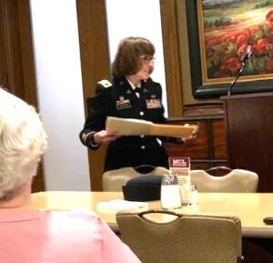 Dr. Kathy Platoni, Colonel U.S. Army (retired) gives talk at the MCL cafeteria on the combat stress she encountered with soldiers during multiple tours of duty