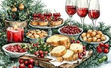 Food and wine on table with holiday decorations
