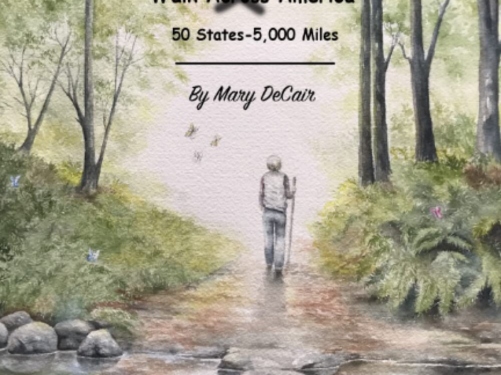 Book cover for The Next Step by Mary DeCair, a woman walking away from some water with a walking stick onto a forest path