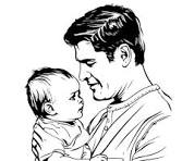 pen and ink drawing of proud Dad looking down at a baby