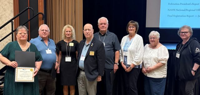 Those who received awards for recruiting --- Linda Silverio, Jim Gearhart, with Region V RVP Linda Sawvell , National President Dorman Otte, Lisa Eittreim, Barb Wilson