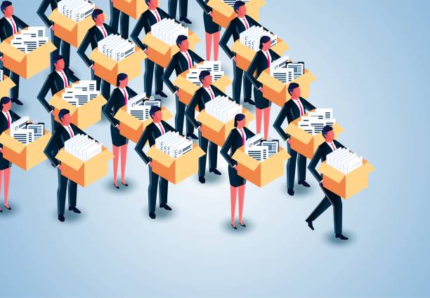 Isometric group of businessmen carrying piles of documents in cardboard boxes left the office,