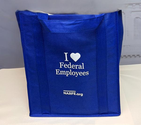 royal blue NARFE tote bag with saying I (heart shape) Federal Employees