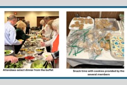 Two pictures - attendees at buffet table selecting food and table of cookies