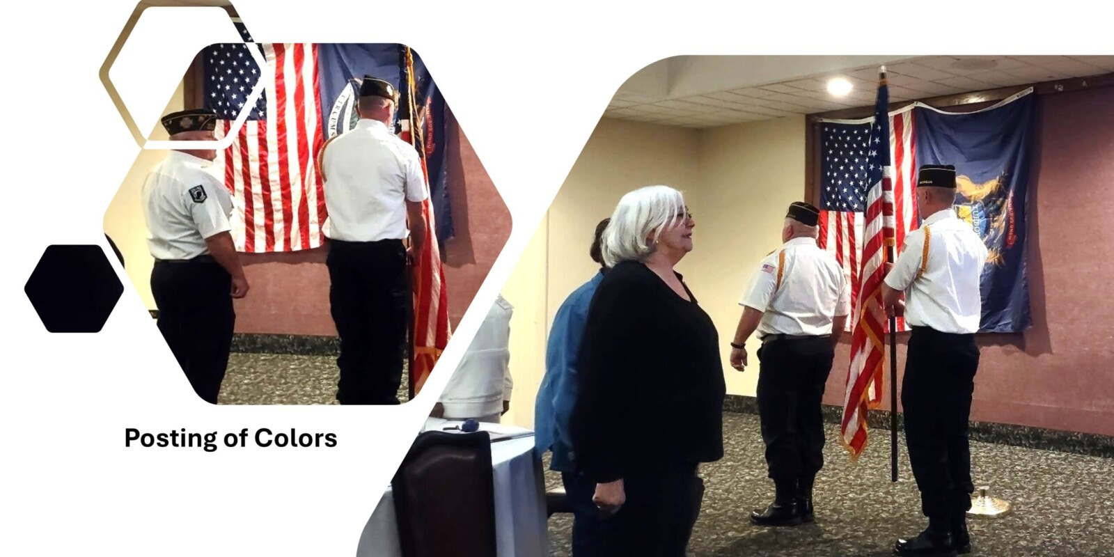 Two pictures of military posting of colors while attendees stand in honor.