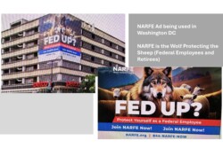 Two pictures showing ad on a building and closeup of the ad.