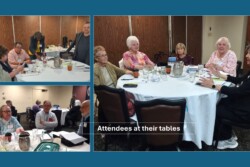 Three pictures of conference attendees sitting at their table.