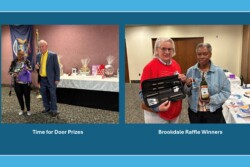 Two pictures - one shows door raffle prizes and other the two winners of Brookdale Raffle.