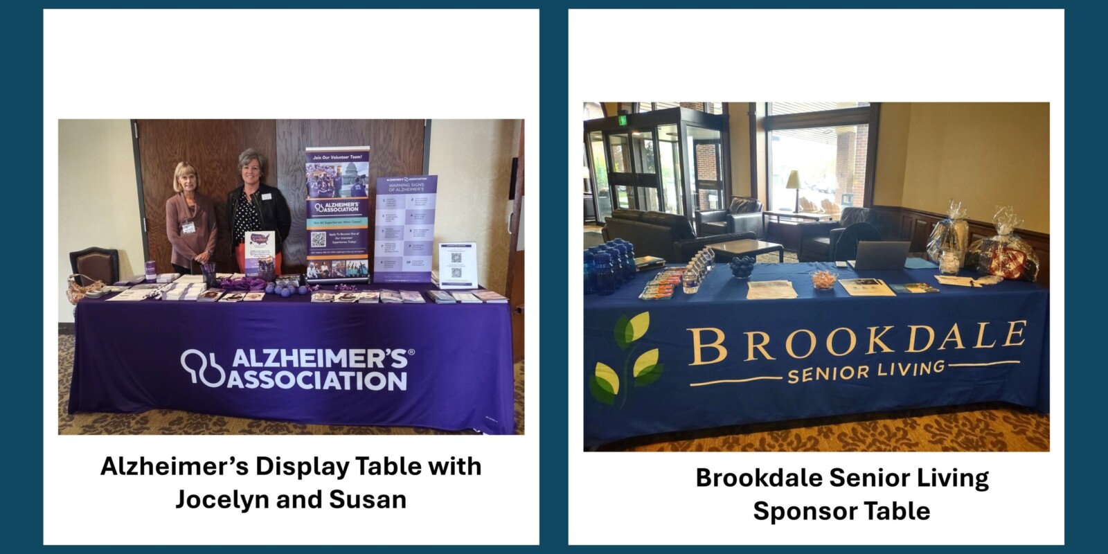Two pictures - Alzheimer Display table with two representatives and Brookdale Senior Living Sponsor Display table