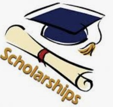 Depicts graduation cap with diploma rolled with word scholarships