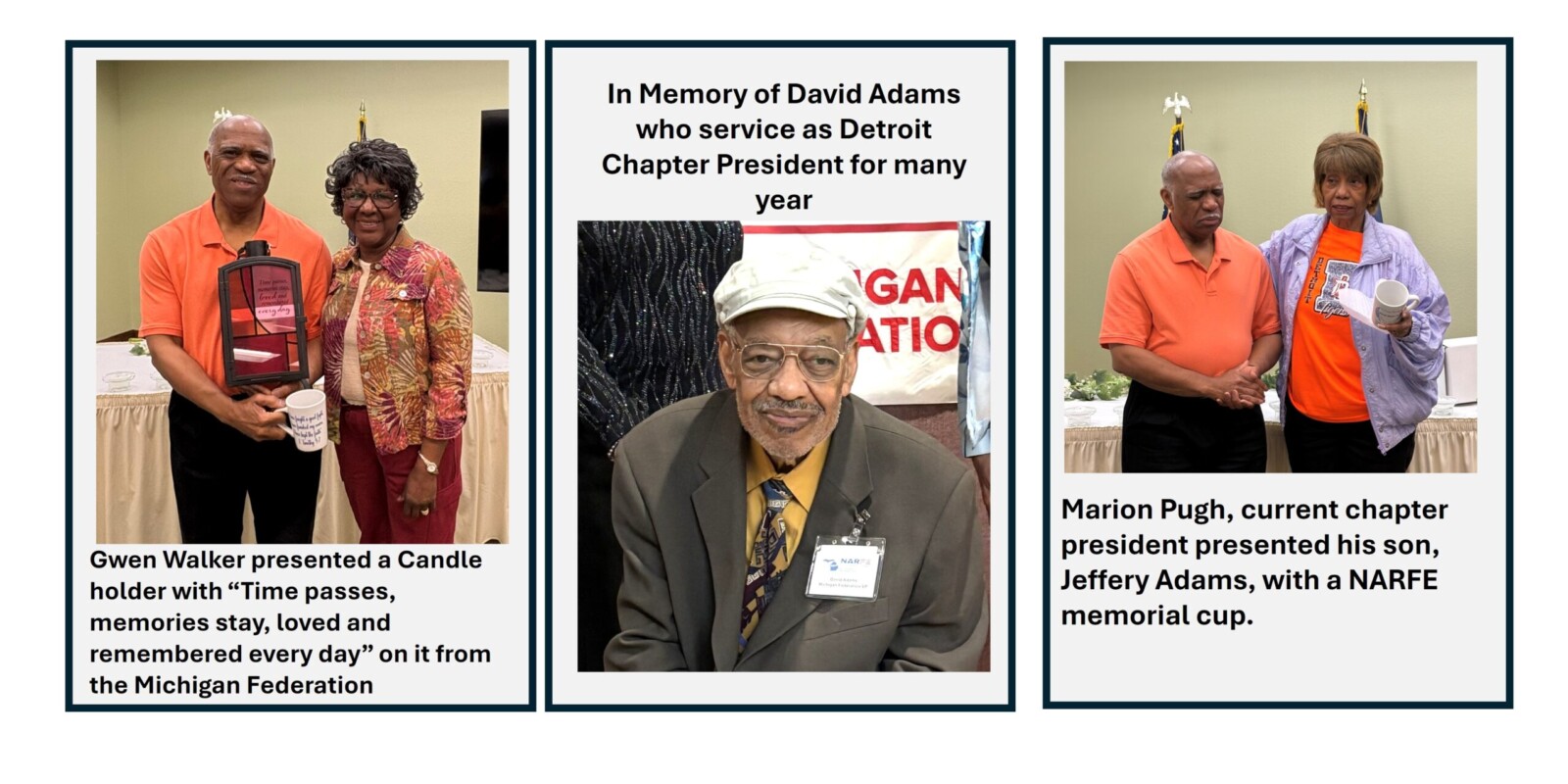 Three different pictures. Center is person being honored by memorials presented to his son by two different members.