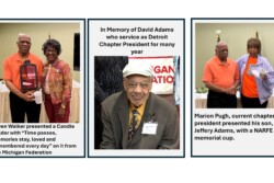 Three different pictures. Center is person being honored by memorials presented to his son by two different members.