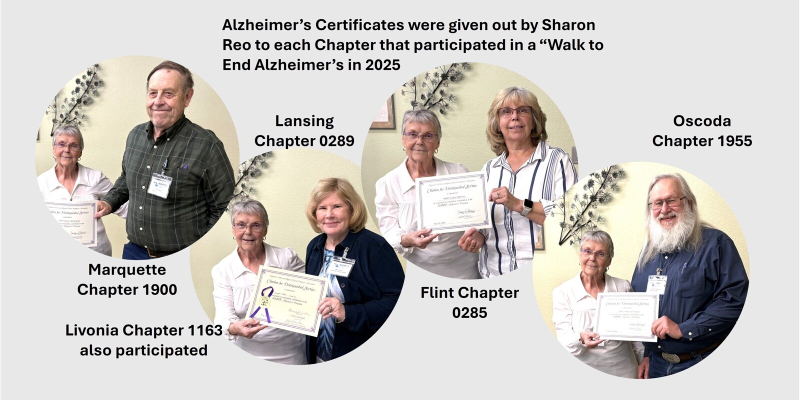 Five circles with presenter in each with attendees accepting certificates for their chapters