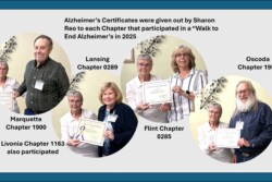Five circles with presenter in each with attendees accepting certificates for their chapters