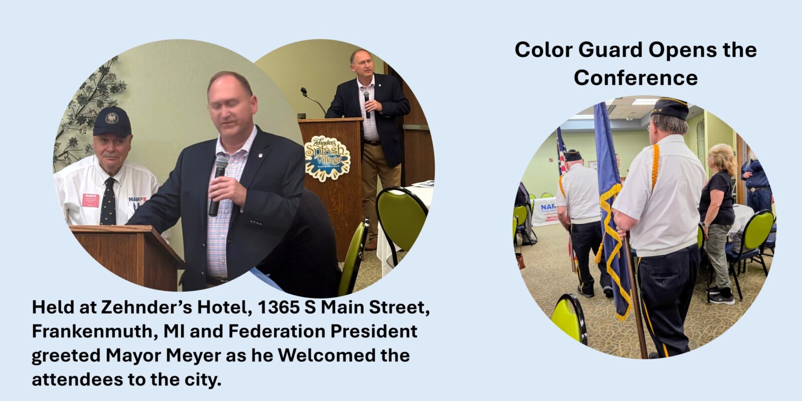 Two Circles, one shows military color guard and one mayor greets conference attendees