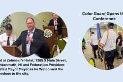 Two Circles, one shows military color guard and one mayor greets conference attendees