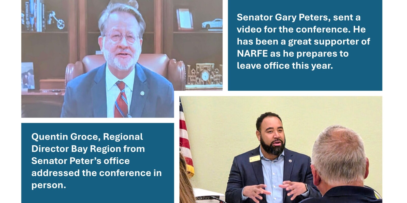Senator Peters speaking over zoom and one of his staff speaking in person at the conference