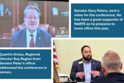 Senator Peters speaking over zoom and one of his staff speaking in person at the conference