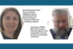Speakers via zoom with Nora MacDonald, Membership on left and John Hatton, Advocacy on right
