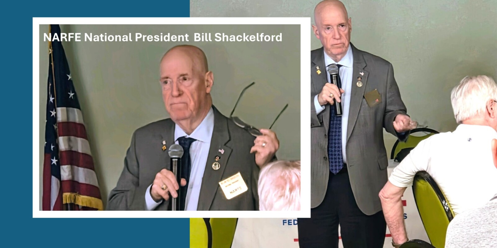 NARFE National President speaking with picture overlaid of him speaking to the attendees