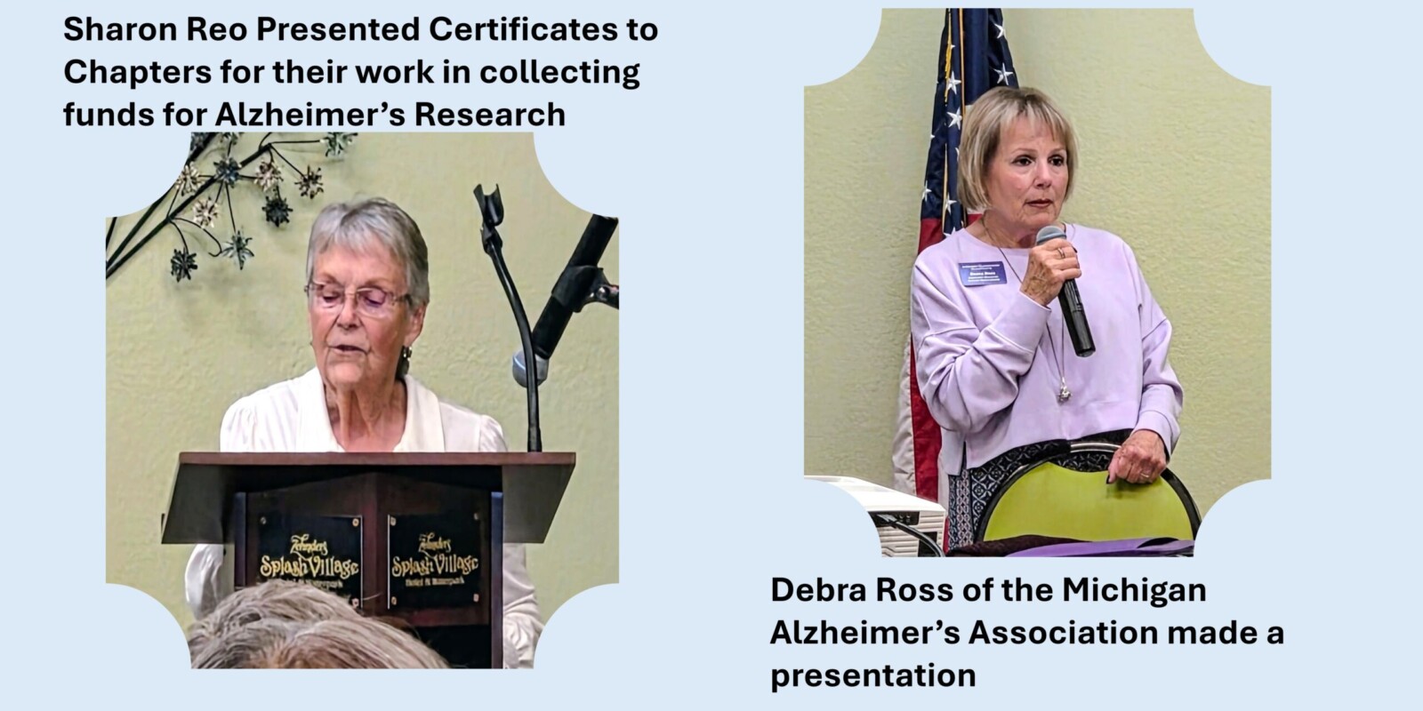 Left is speaker presenting Alzhiemer's Certificates with speaker from Michigan Alzheimer's Association on right