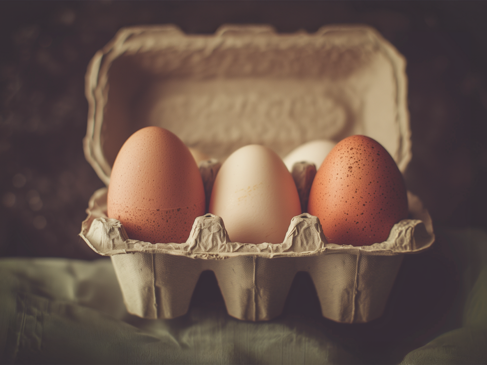 egg carton containing brown and white eggs