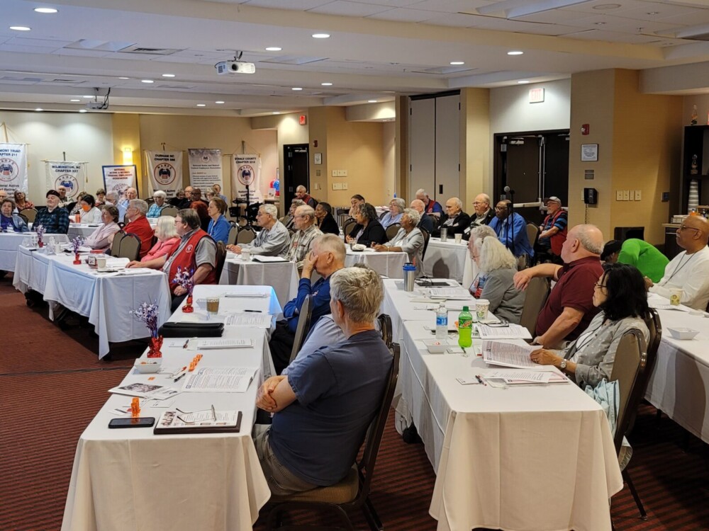 2024 NC Federation Annual Meeting Hyatt Regency, Durham, NC - A conference room with close to 70 members listing to the NARFE President.