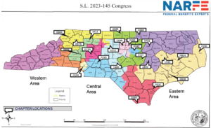 November 16, 2025 map of NARFE Chapter locations in North Carolina.