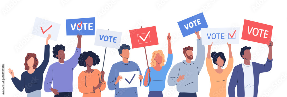 Graphic of people holding signs saying VOTE