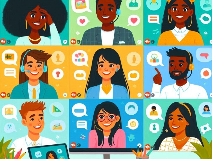cartoon graphic of people on a computer screen participating in a Zoom call
