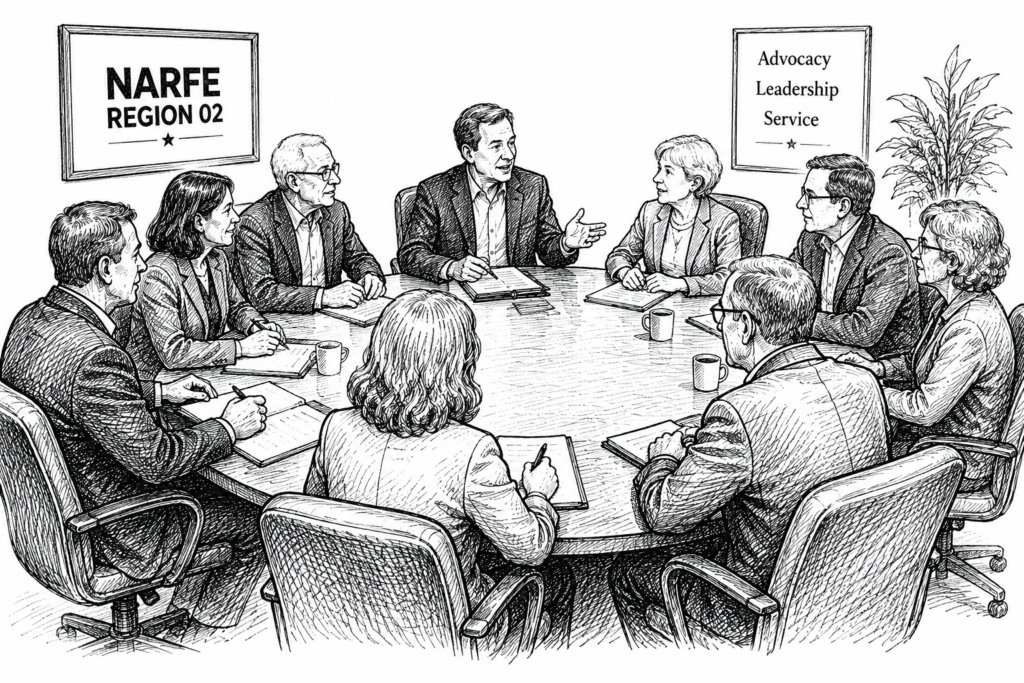 Pen and Ink drawing of a meeting table with people sitting around discussing business
