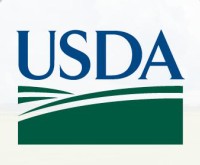 blue logo with letters USDA above graphic of rolling farmland
