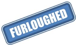 Blue diagonal sign with the word furloughed