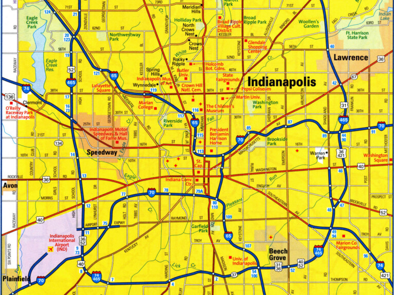yellow map with red and blue lines and circles