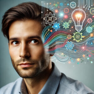 Image depicting a man with many ideas concerning technology generating from his brain.