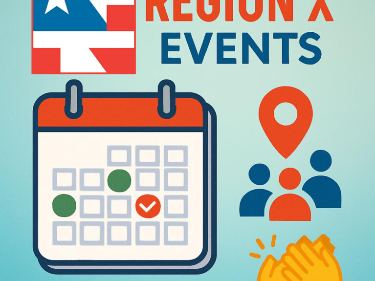 Graphic with reference to Region X Events showing a tablet, simulated people and clapping hands
