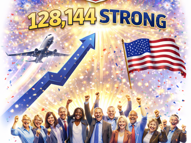 Colorful image of people shouting the good news, NARFE is 128,144 Strong and Growing