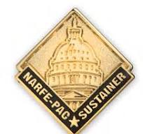 Gold and black pin with the Capitol Buidling on it and words, NARFE PAC, Sustainers