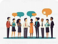 A graphic of people standing with talking balloons over their heads.