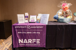 The VFN Annual Alzheimer's Fundraiser banner on a table with a basket that will be raffled off