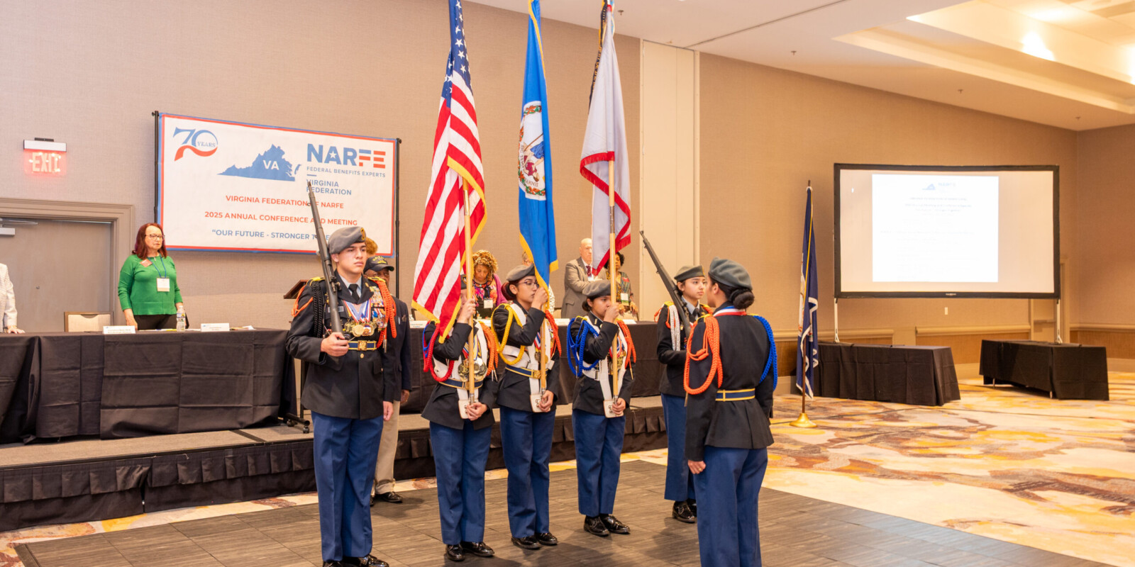 Harrisonburg Schools Honor Guard ready to begin the presentation of the U.S. Flag, the Commonwealth of Virginia Flag, and the Harrisonburg School Flag.