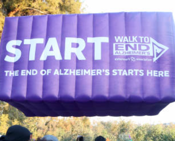 Purple Inflatable used at the beginning of a Alzheimer's Walk indicating the journey begins here
