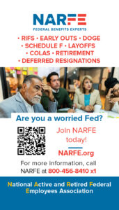 NARFE front of Business Card giving information for prospective members to join using a telephone number or a QR code.