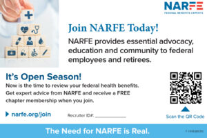NARFE 4 x 6 card telling prospective members to join using a QR code and a place to write in the recruiter's membership ID.