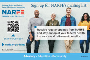 NARFE 4 x 6 card telling prospective members to get more information by using a QR code and a place to write in the recruiter's membership ID.