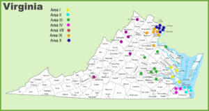 Map of Virginia showing each county or city and there are color coding showing where each VFN Chapter is located by Area.