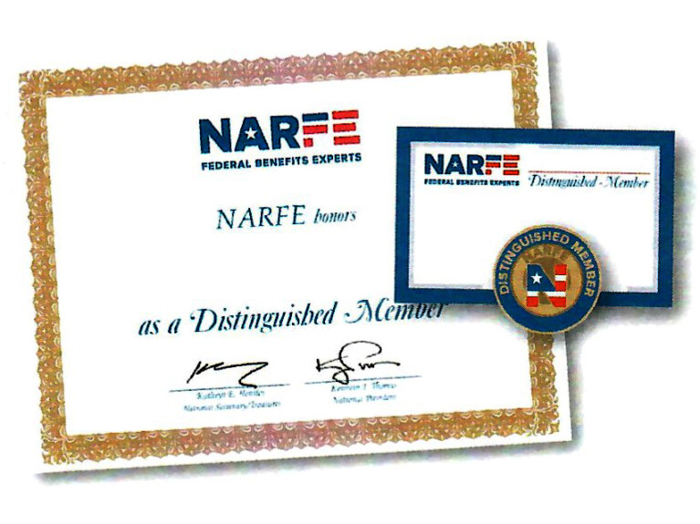 A Distinguished Member Certificate, Id Card and Member Pin that is issued to any member who achieves a 20+ milestone in NARFE membership