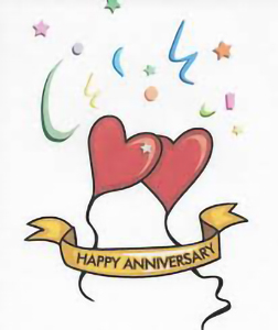 Two Balloons tied with string and a banner with the words "Happy Anniversary".