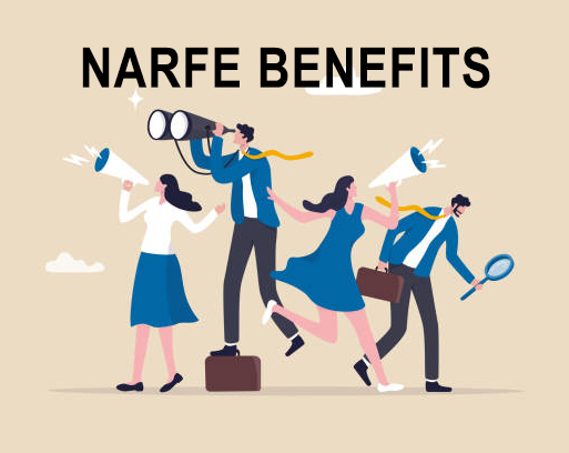 A group of animated people with binoculars, a magnifying glass, and megaphones shouting the good news about NARFE BENEFITS.